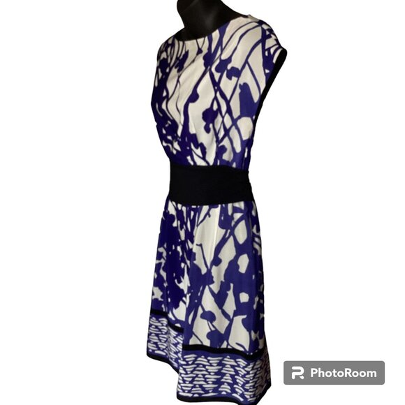 White with Cobalt Blue Foral Silk Dress with Sash - Picture 3 of 7